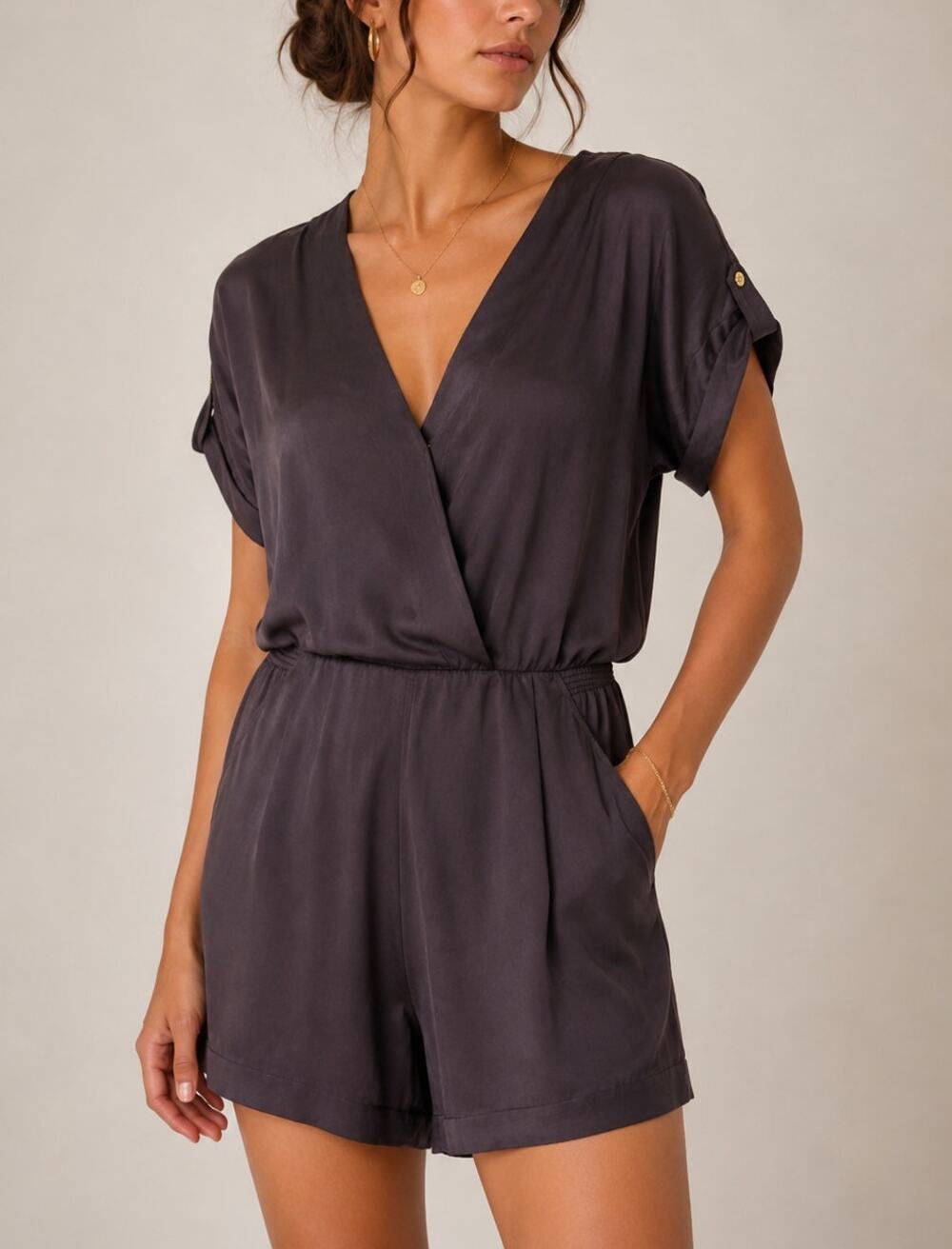 Twelfth Street Cynthia Vincent Silk Romper Size 0 Gray Quiet Luxury ASO Designer